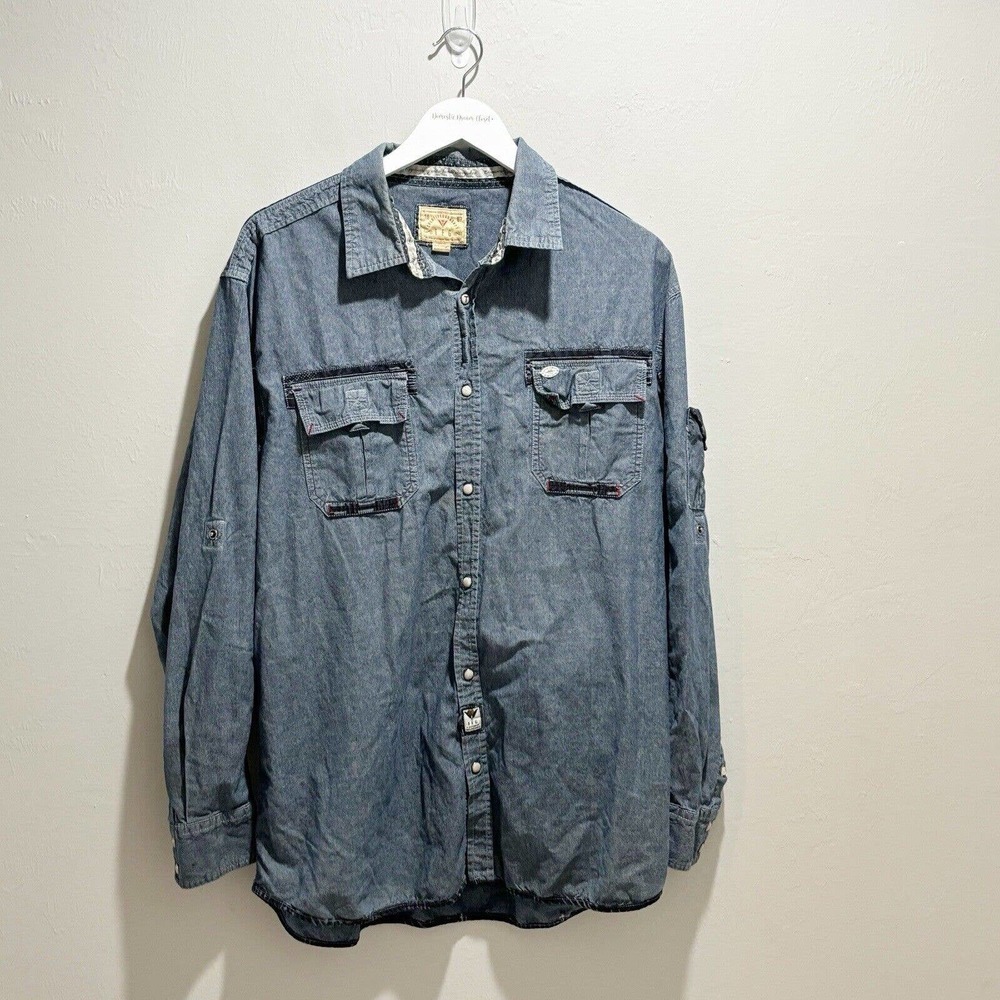 TRIPLE FAT GOOSE Men’s Blue Denim Chambray Embroidered Long Sleeve Shirt Sz 3XL